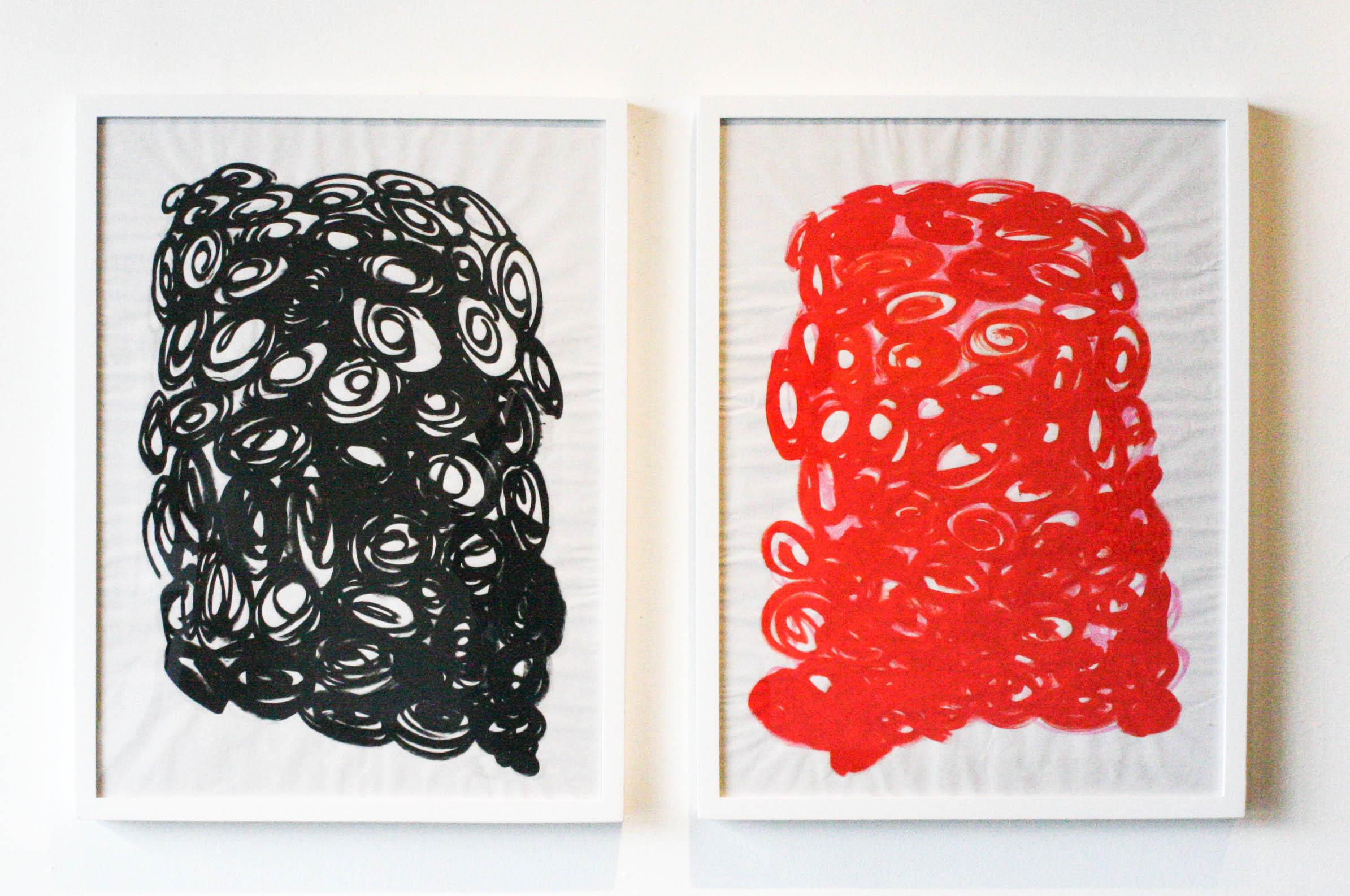 Duncan McDaniel Abstract Painting - Untitled Diptych- Abstract, Acrylic Paint, Paper, Red, Black, Spirals, Circles