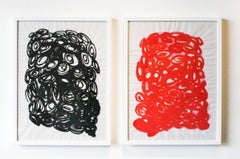 Untitled Diptych- Abstract, Acrylic Paint, Paper, Red, Black, Spirals, Circles