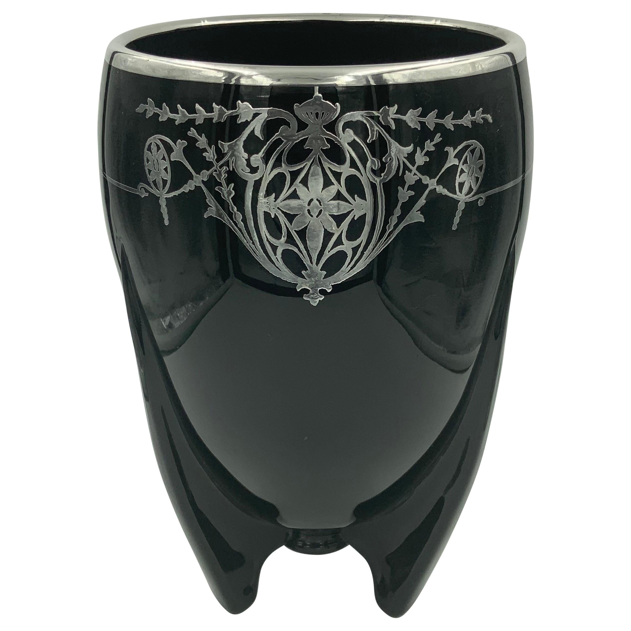 Duncan Miller Art Deco Black Amethyst Ebony Glass Sterling Overlay Rocket Vase