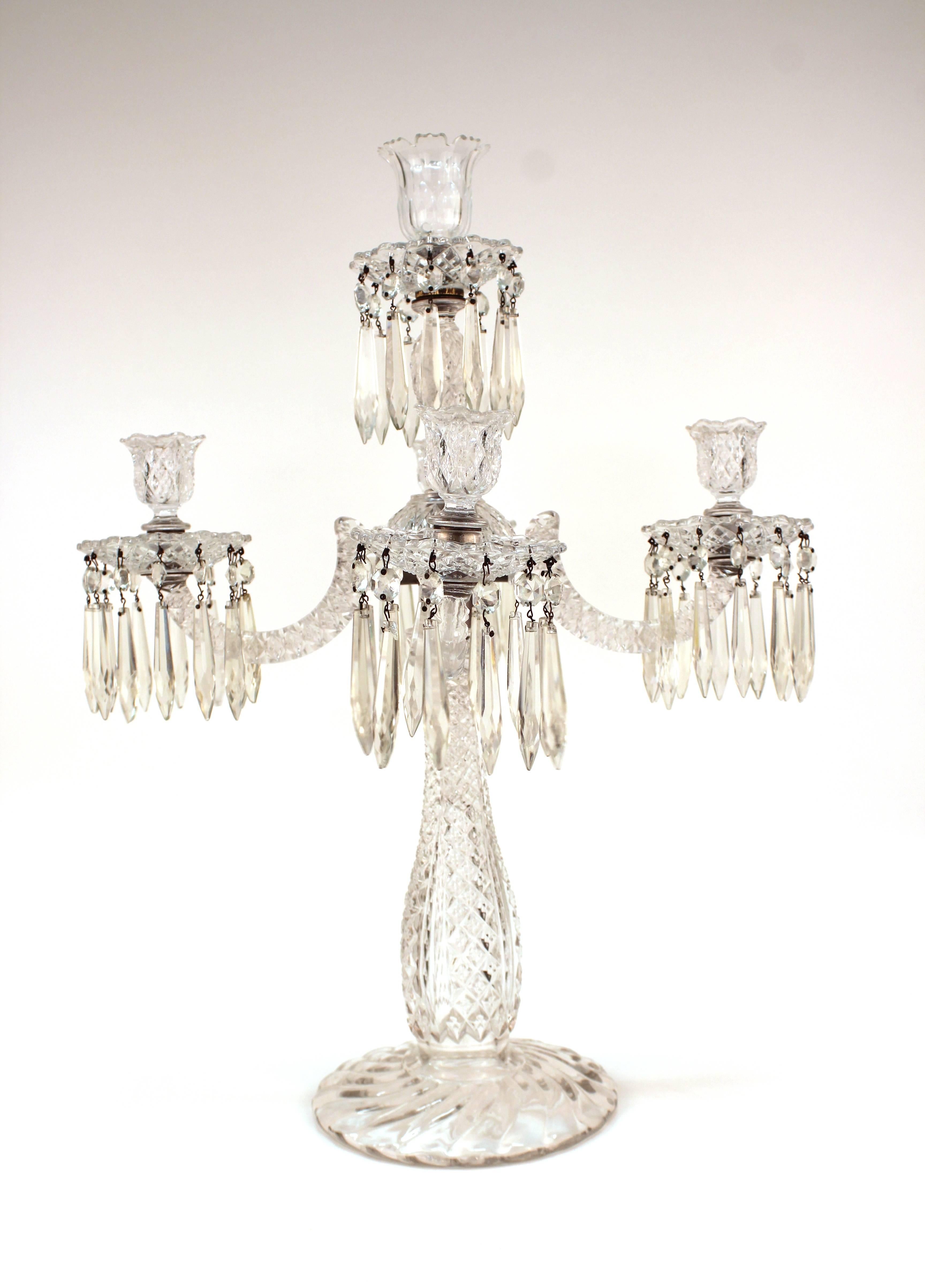 Sandwich glass Duncan Miller candelabra with one central stem and four branches. The piece is in good vintage condition.