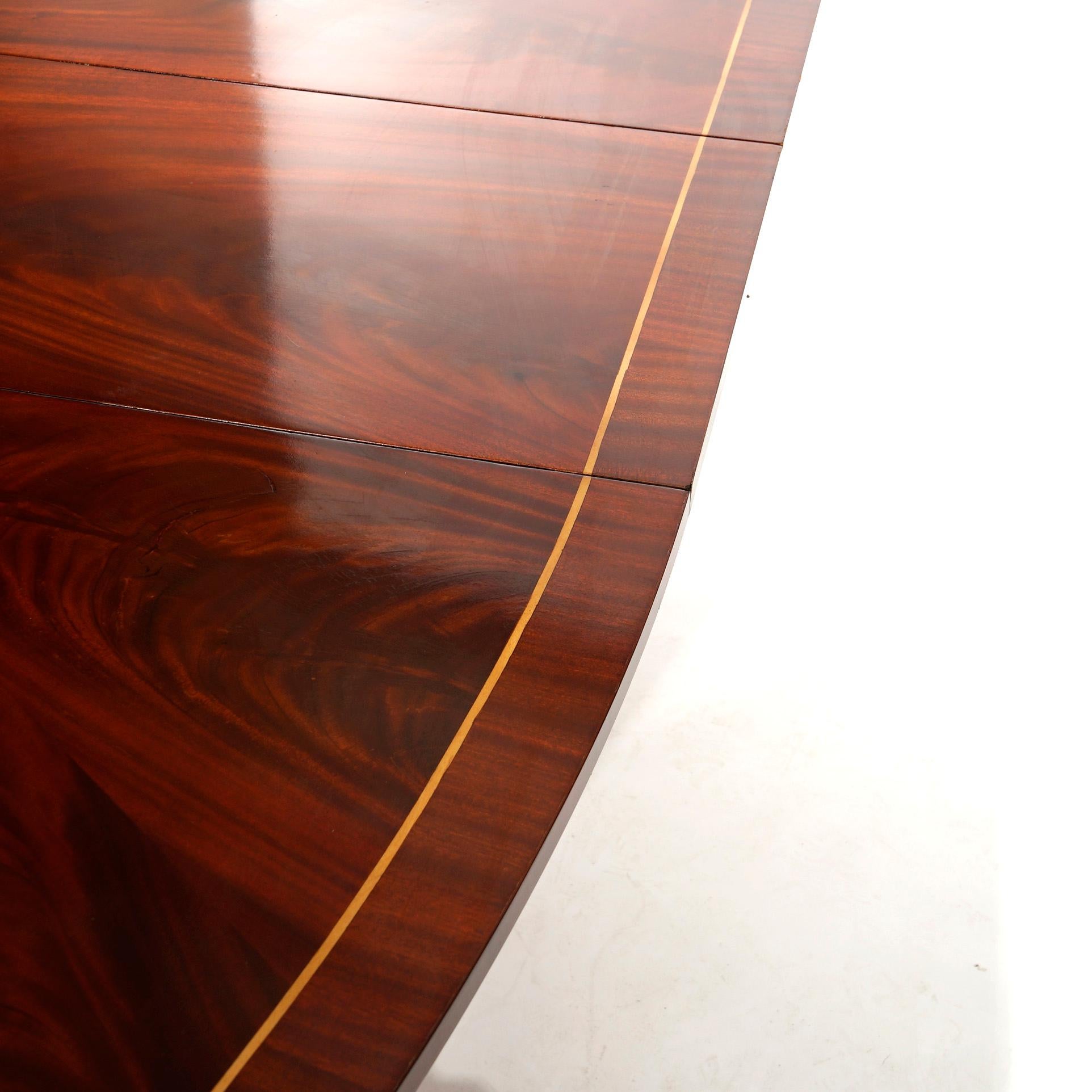 Duncan Phyfe Flame Mahogany Banded Double Pedestal Dining Table & Leaves 20th C 1