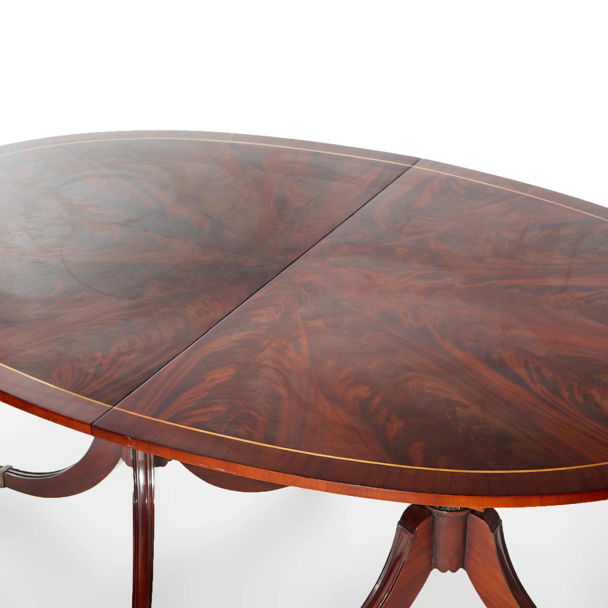 Sheraton Duncan Phyfe Flame Mahogany Banded Double Pedestal Dining Table & Leaves 20th C