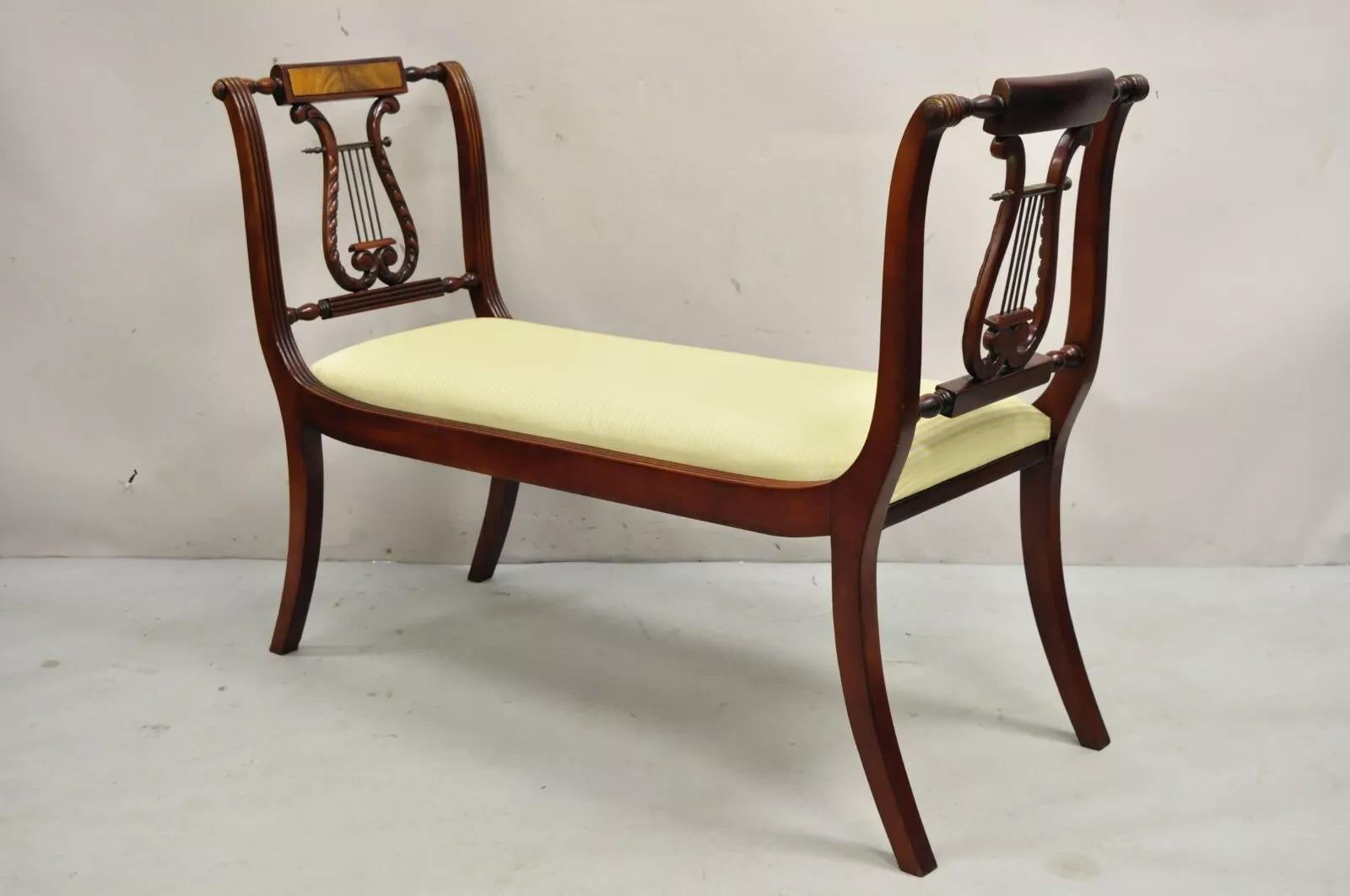 Duncan Phyfe Regency Empire Style Carved Mahogany Brass Lyre Window Bench For Sale 7