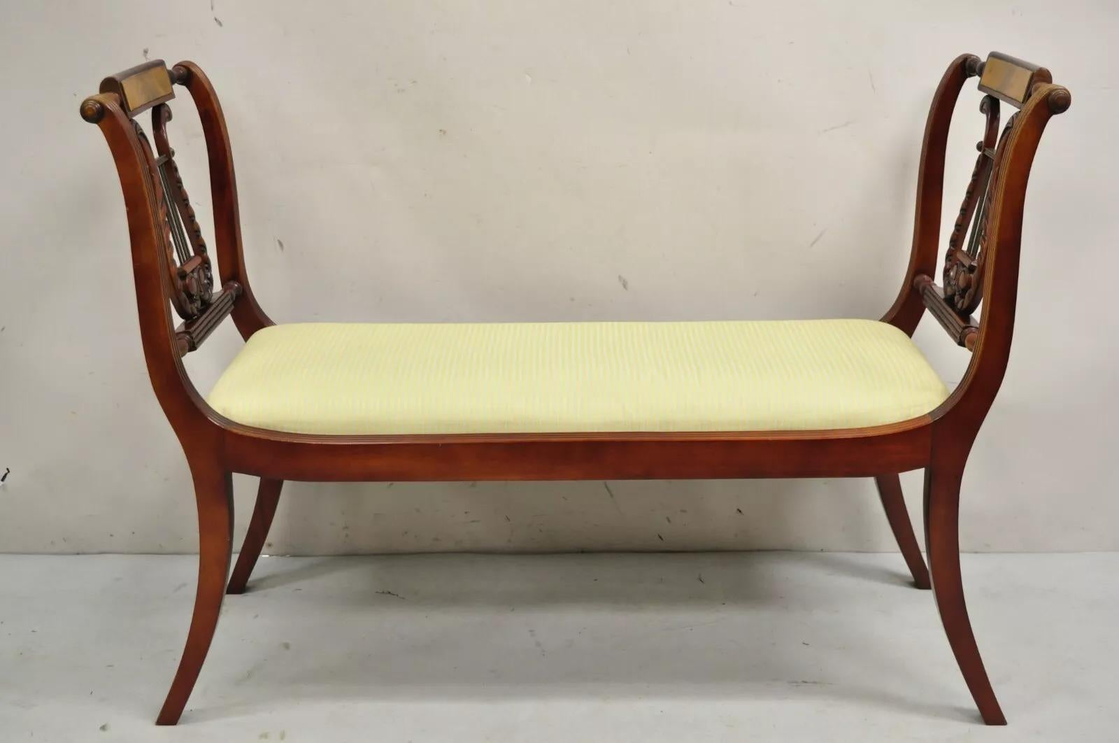 Late 20th C. Duncan Phyfe Regency Empire Style Carved Mahogany Brass Lyre Window Bench. Item features brass 