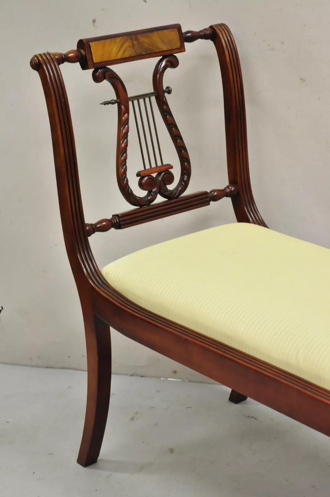 Unknown Duncan Phyfe Regency Empire Style Carved Mahogany Brass Lyre Window Bench For Sale