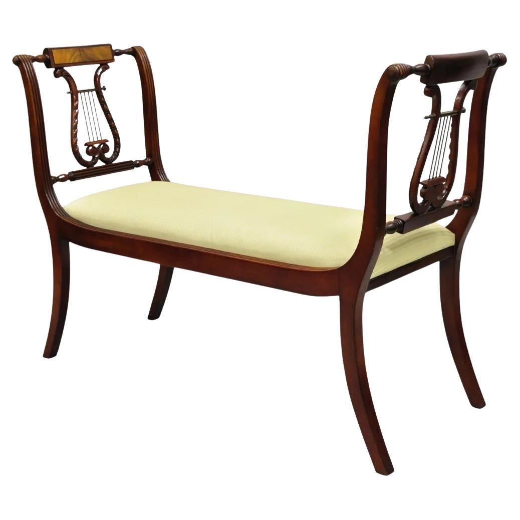 Duncan Phyfe Regency Empire Style Carved Mahogany Brass Lyre Window Bench For Sale