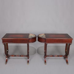 Duncan Phyfe School Mahogany Lyre Form Leather Top Side Tables with Planters