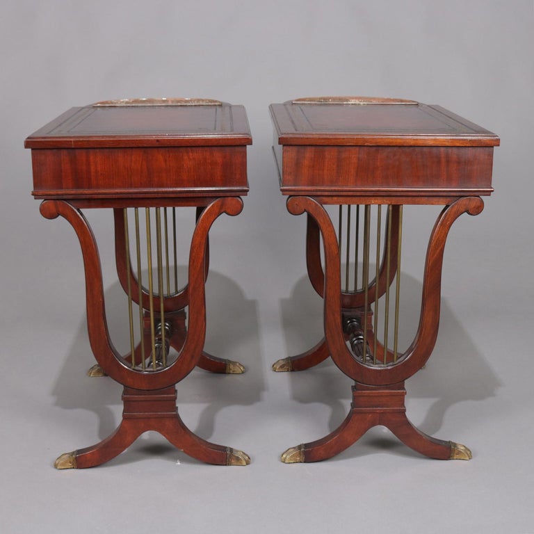Duncan Phyfe School Mahogany Lyre Form Leather Top Side Tables with ...