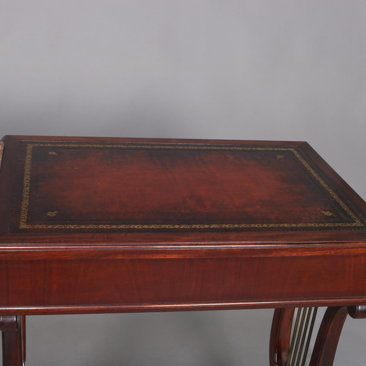Duncan Phyfe School Mahogany Lyre Form Leather Top Side Tables with Planters In Good Condition In Big Flats, NY