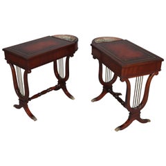 Vintage Duncan Phyfe School Mahogany Lyre Form Leather Top Side Tables with Planters
