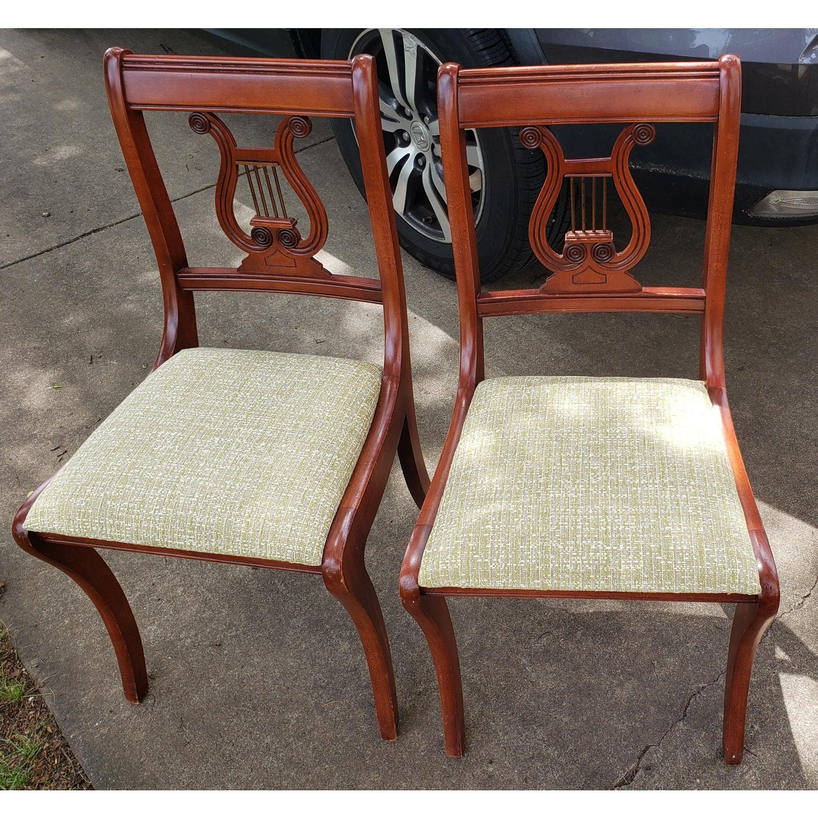Upholstery Duncan Phyfe Style Harp Back Dining Side Chairs, a Pair