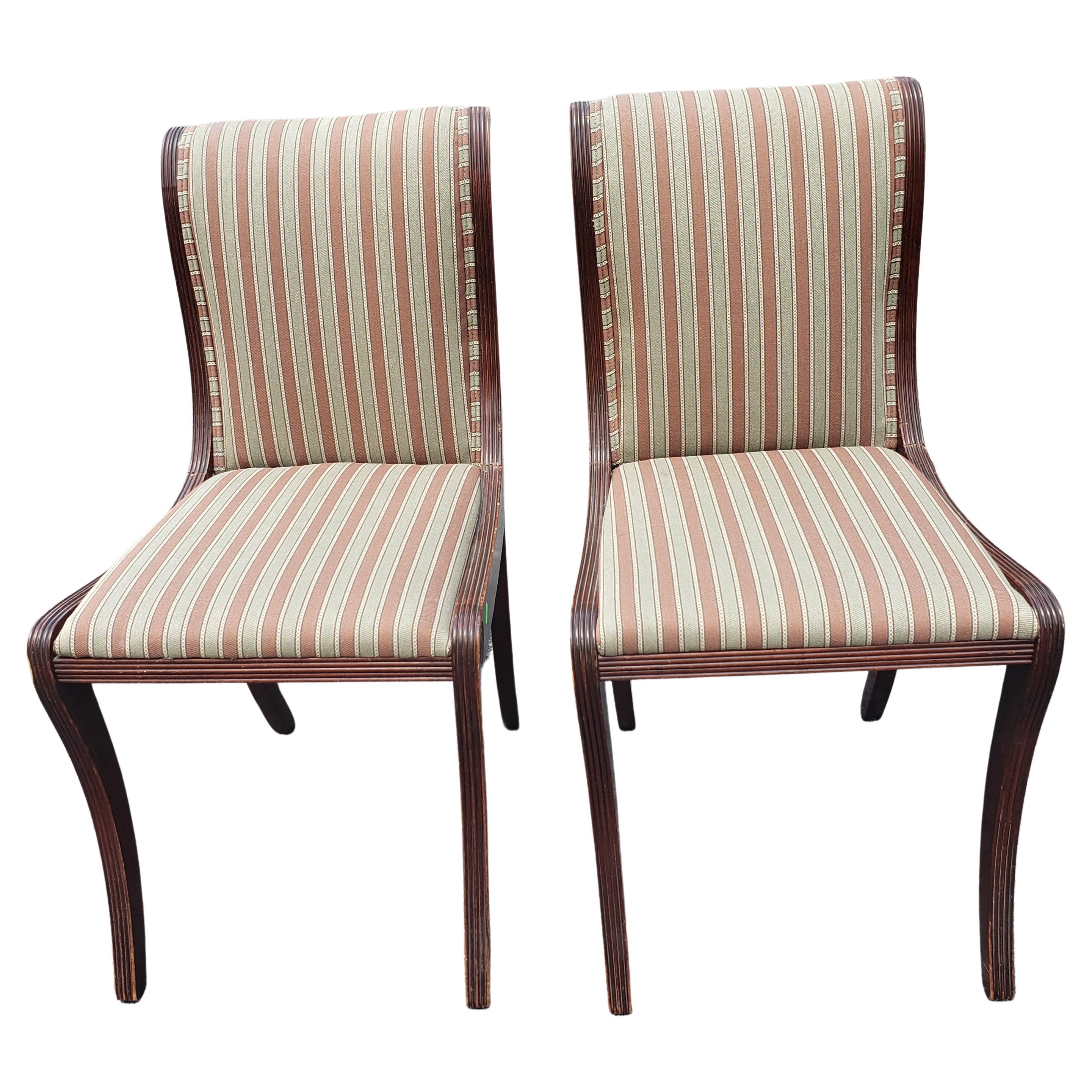 Duncan Phyfe Style Mahogany Striped Upholstered Chairs, a Pair For Sale