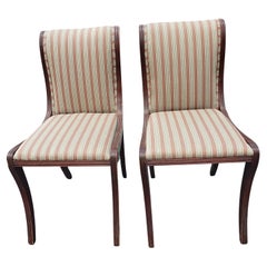 Duncan Phyfe Style Mahogany Striped Upholstered Chairs, a Pair