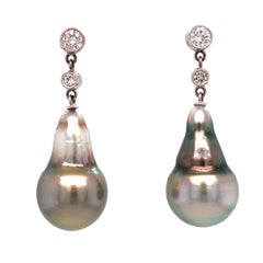 "Dunce Caps & Diamonds" Tahitian Pearl Dangle Earrings in 18 Karat White Gold
