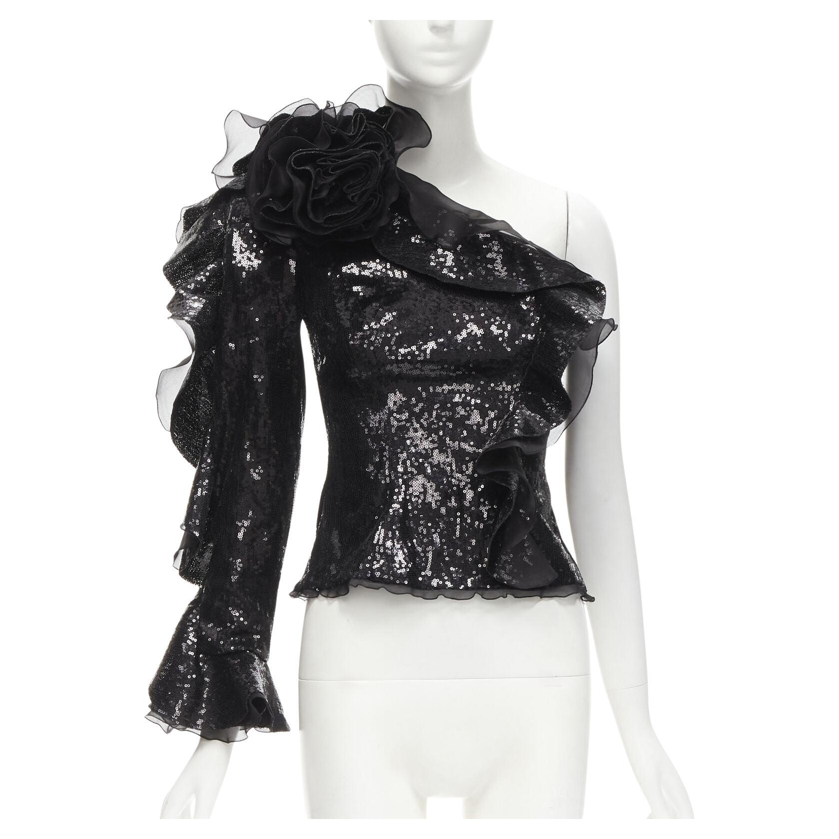 DUNDAS black 3D ruffled sequins tulle one shoulder evening fitted top FR36