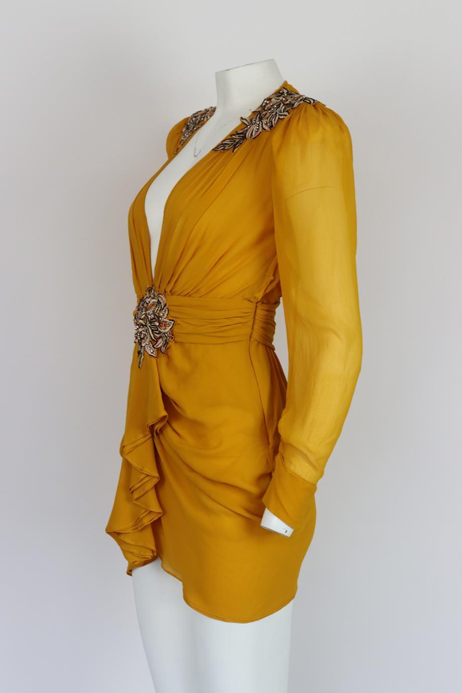 Dundas embroidered chiffon mini dress. Yellow. Long sleeve, v-neck. Zip fastening at back. 100% silk; fabric2: 100% polyamide. Size: IT 42 (UK 10, US 6, FR 38). Bust: 34 in. Waist: 26 in. Hips: 31 in. Length: 31.4 in. New with tags