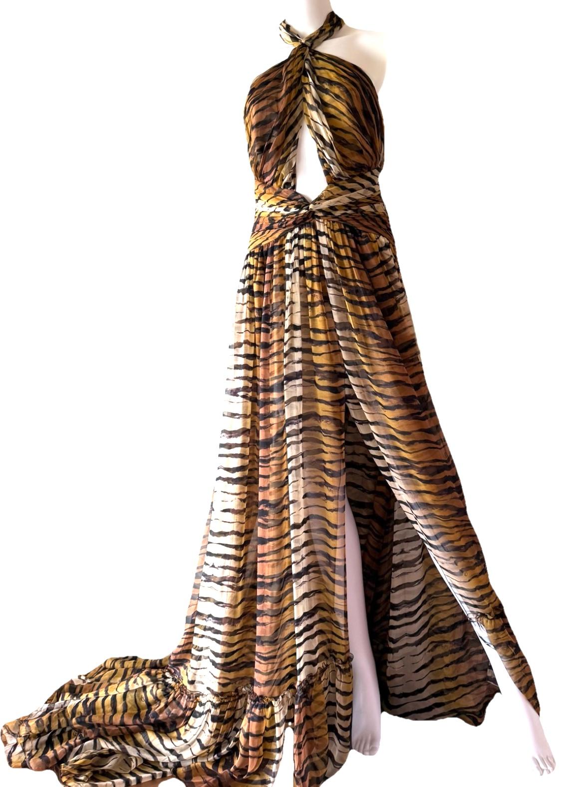 Marrone DUNDAS Runway F/W 2019 Couture Tiger Print Silk Cutout Gown with Train in vendita