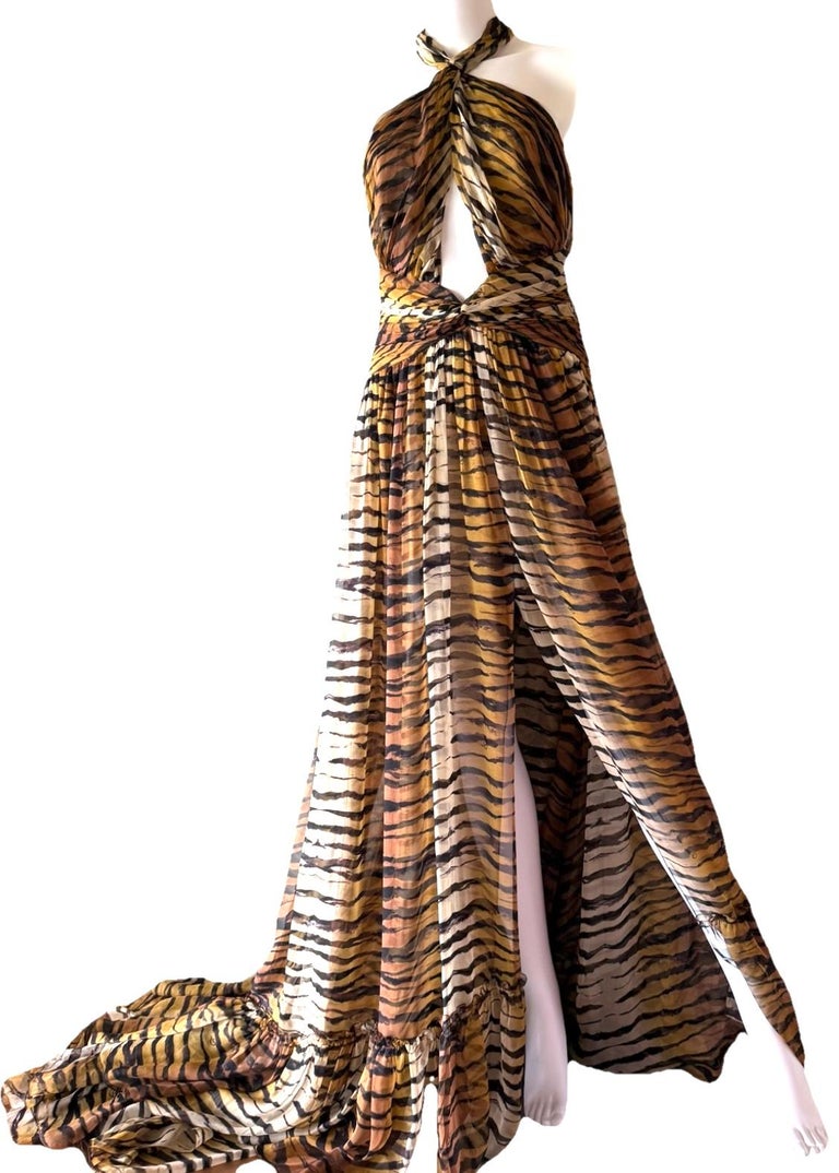 DUNDAS Runway F/W 2019 Couture Tiger Print Silk Cutout Gown with Train For  Sale at 1stDibs