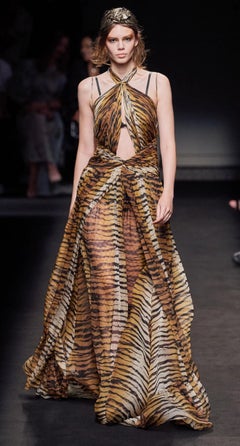 DUNDAS Runway F/W 2019 Couture Tiger Print Silk Cutout Gown with Train