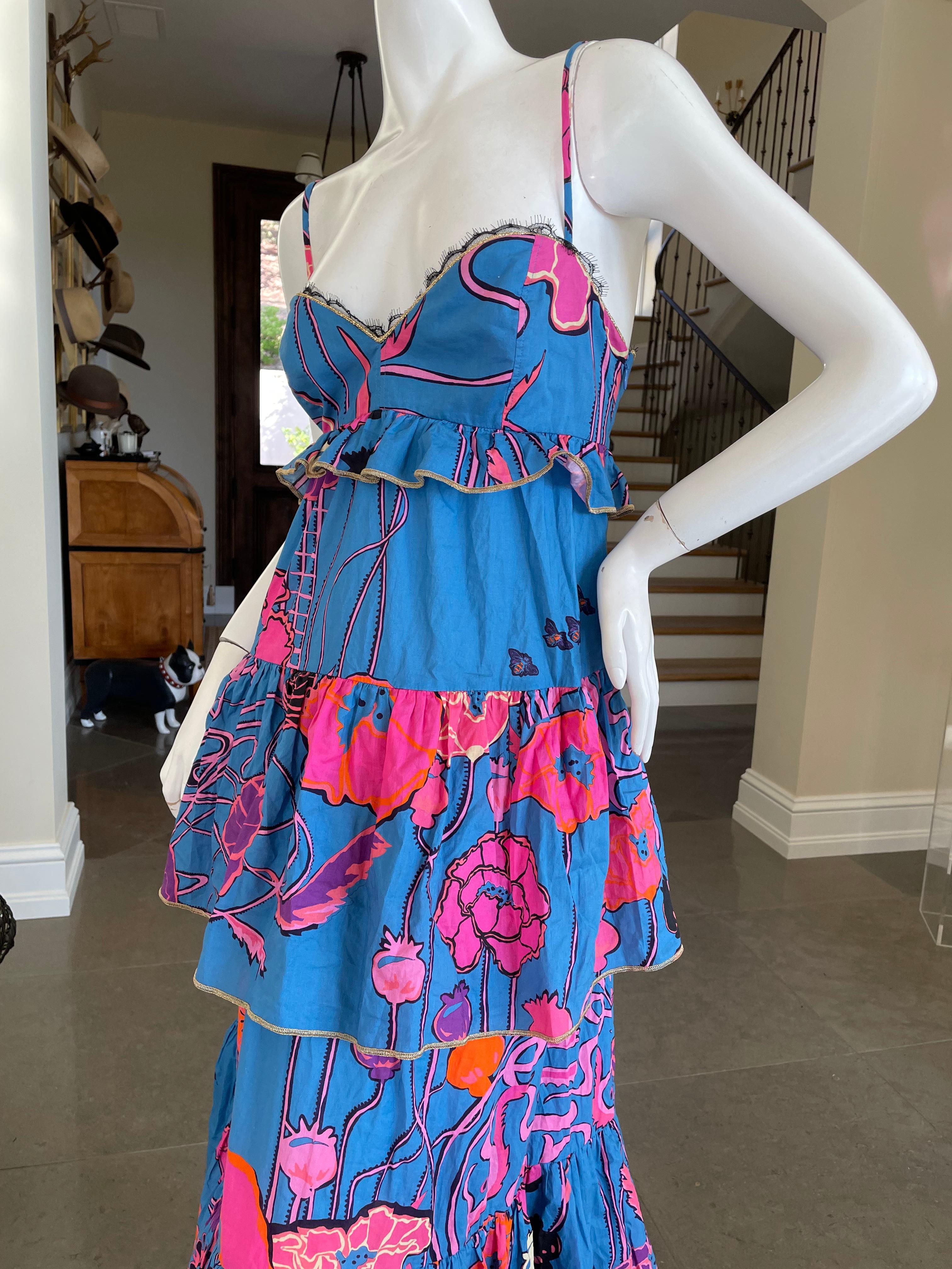 Blue Dundas Tiered Bright Poppy Print Cotton Dress NEW For Sale