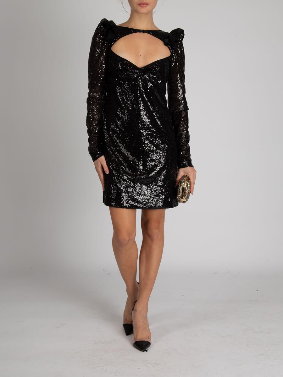 CONDITION is new, with tags attached. Details Black Sequin embellishment Long sleeves Low V neck Epaulette/shoulder pads Mini dress Made in Italy Composition 100% Polyester Fitting Information True to size Bust: 35 cm 13. 8 in Length: 81. 5 cm 32. 1