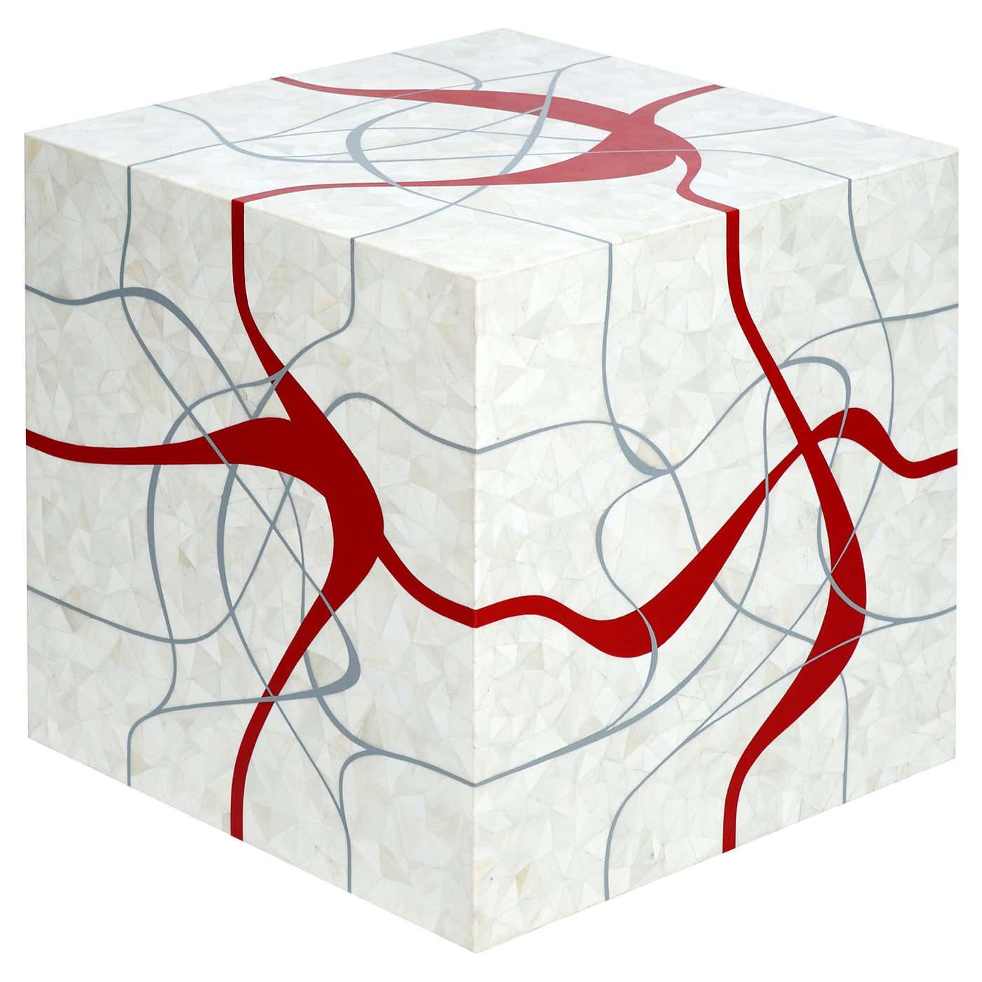 Dune Modern Cube Shaped Table in Bone with Grey and Red Resin Inlay For ...