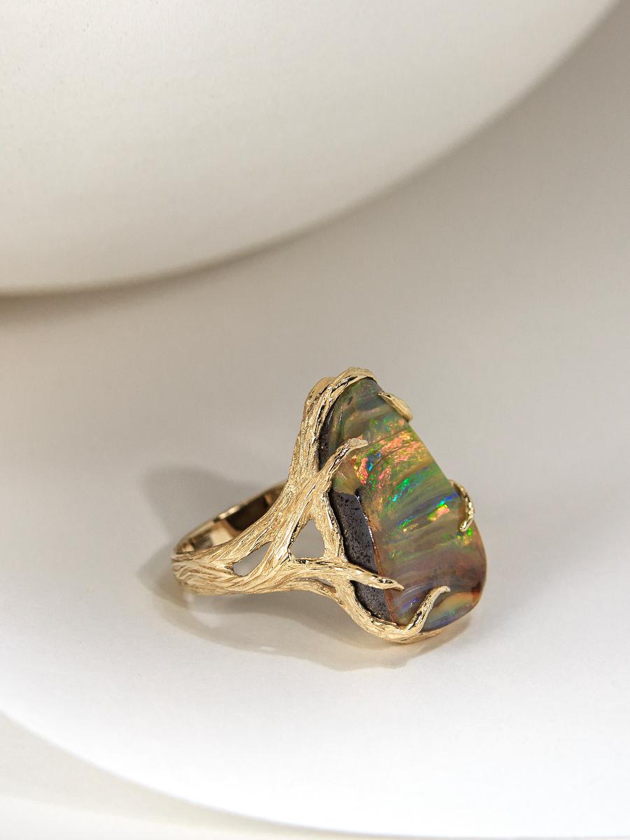 Dune Opal Ring Gold Precious Opal Gemstone Wedding Gift Unisex Jewelry Rainbow For Sale 2