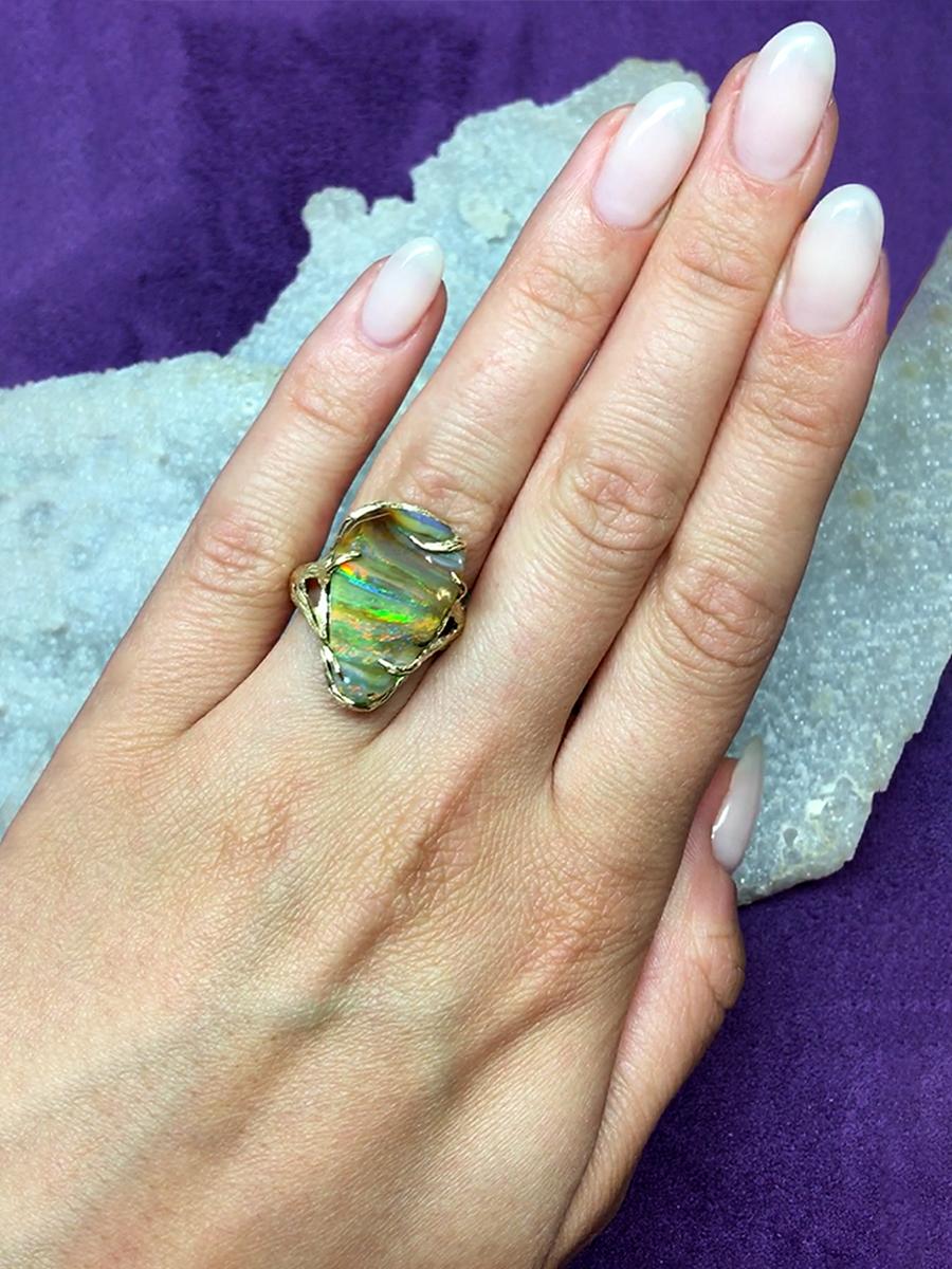 Artisan Dune Opal Ring Gold Precious Opal Gemstone Wedding Gift Unisex Jewelry Rainbow For Sale