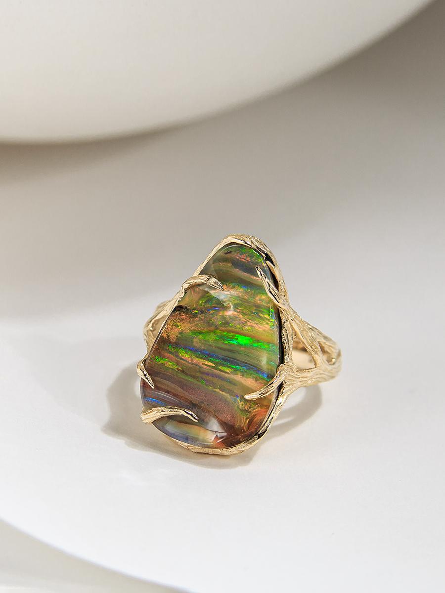 Dune Opal Ring Gold Precious Opal Gemstone Wedding Gift Unisex Jewelry Rainbow For Sale 3