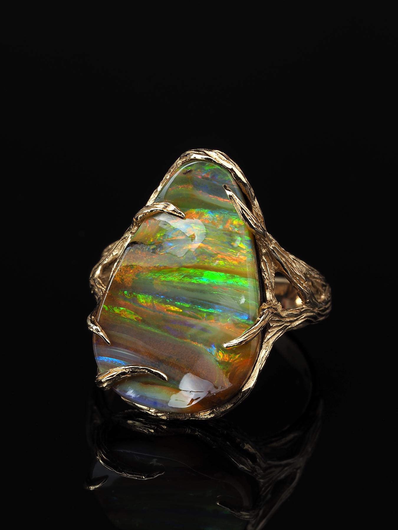 Dune Opal Anillo Oro Precioso Opalo Piedra Preciosa Regalo de Bodas Unisex Joyería Arco Iris Artesano en venta