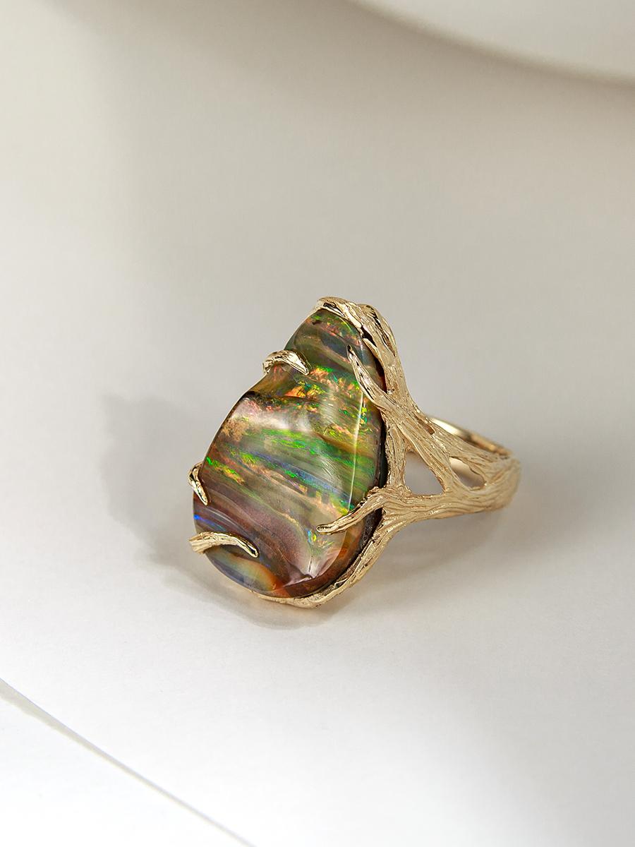 Cabochon Dune Opal Ring Gold Precious Opal Gemstone Wedding Gift Unisex Jewelry Rainbow For Sale