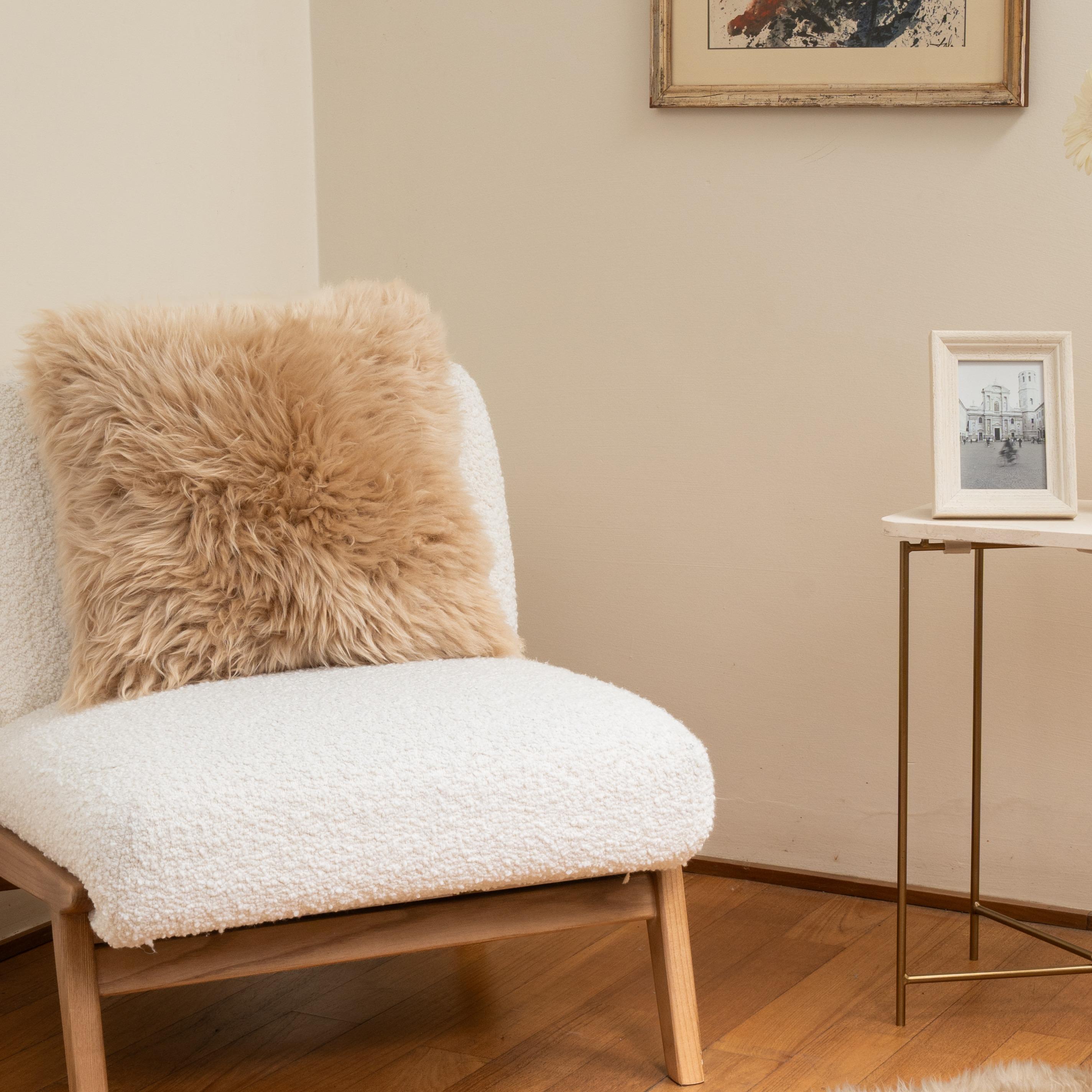 Hand-Crafted Shearling Sheepskin Beige Cushion by Muchi Decor, Made in Italy For Sale