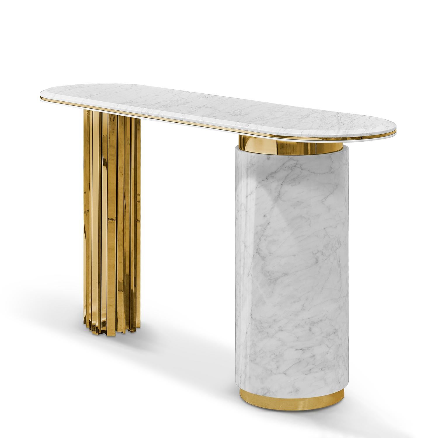 Console Table Dune White Marble with white carrara marble top
with solid brass trim in polished finish. With 1 base in solid brass in 
polished finish and with 1 base in white carrara marble with solid 
brass base in polished finish.
Also available