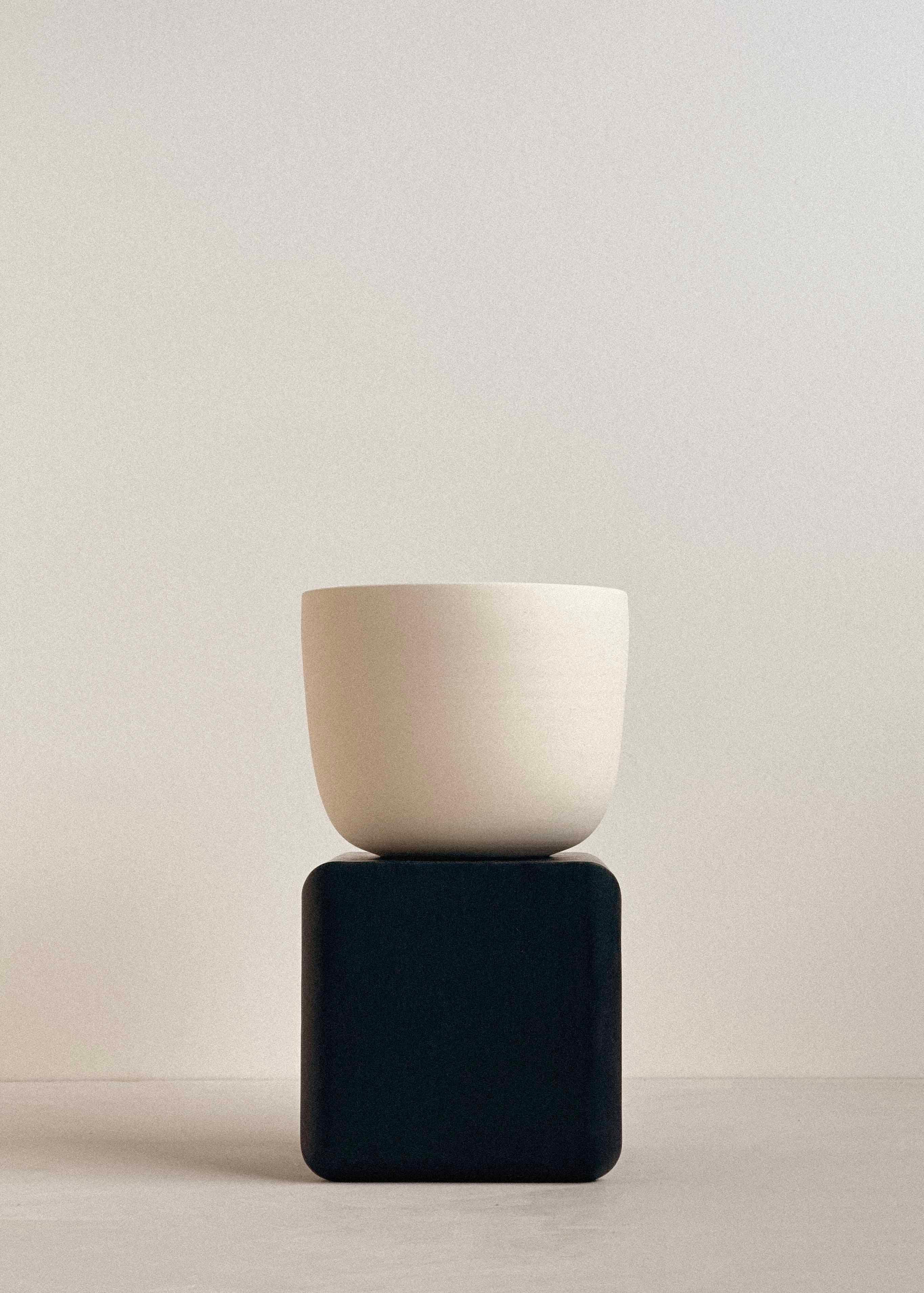 Minimalist Dunes Collection Supported Ceramic Vessel with Charred Black Maple Base, Small For Sale