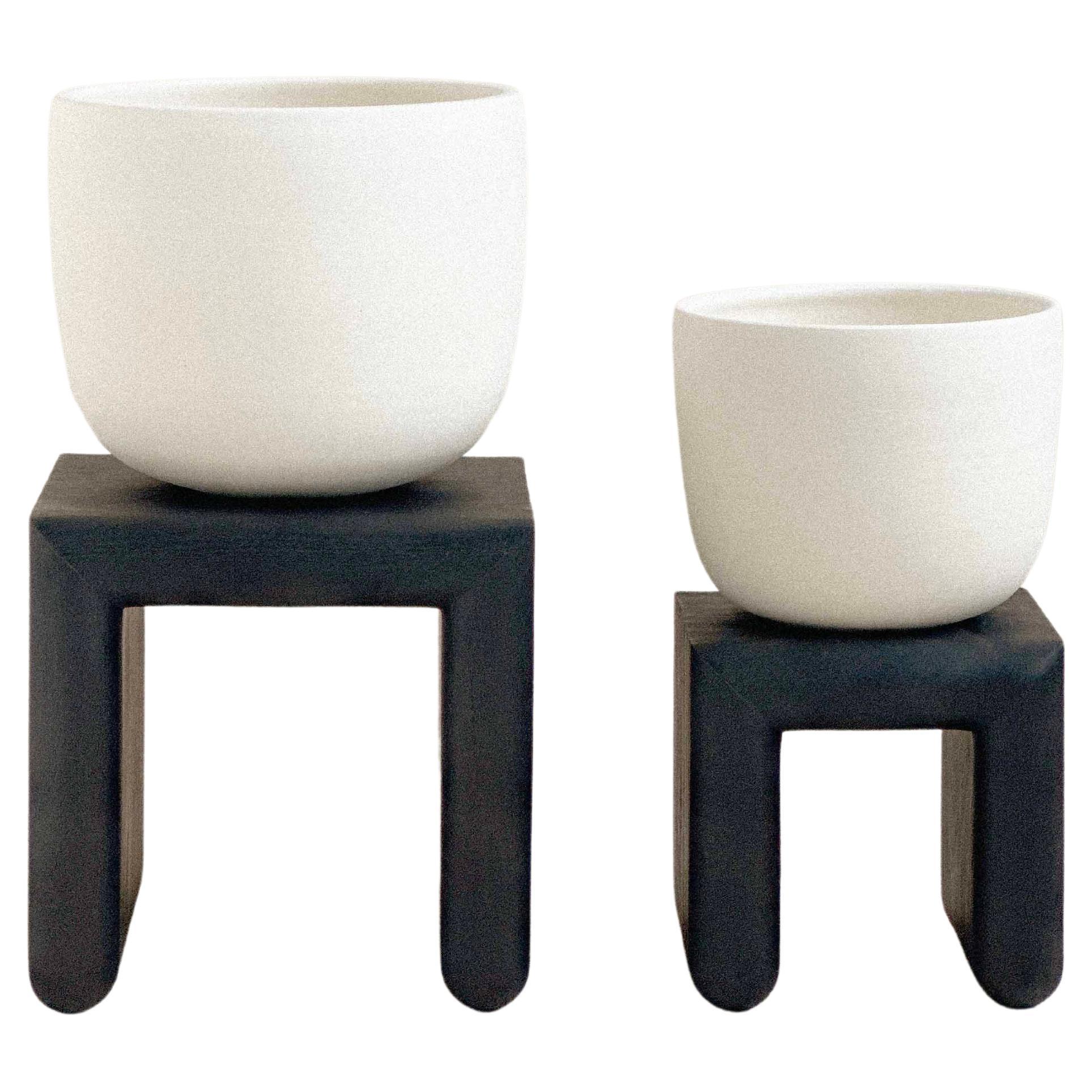 Dunes Collection Supported Ceramic Vessel With Natural Maple Bases, Set