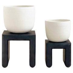 Dunes Collection Supported Ceramic Vessel with Charred Maple Bases - Set of Two