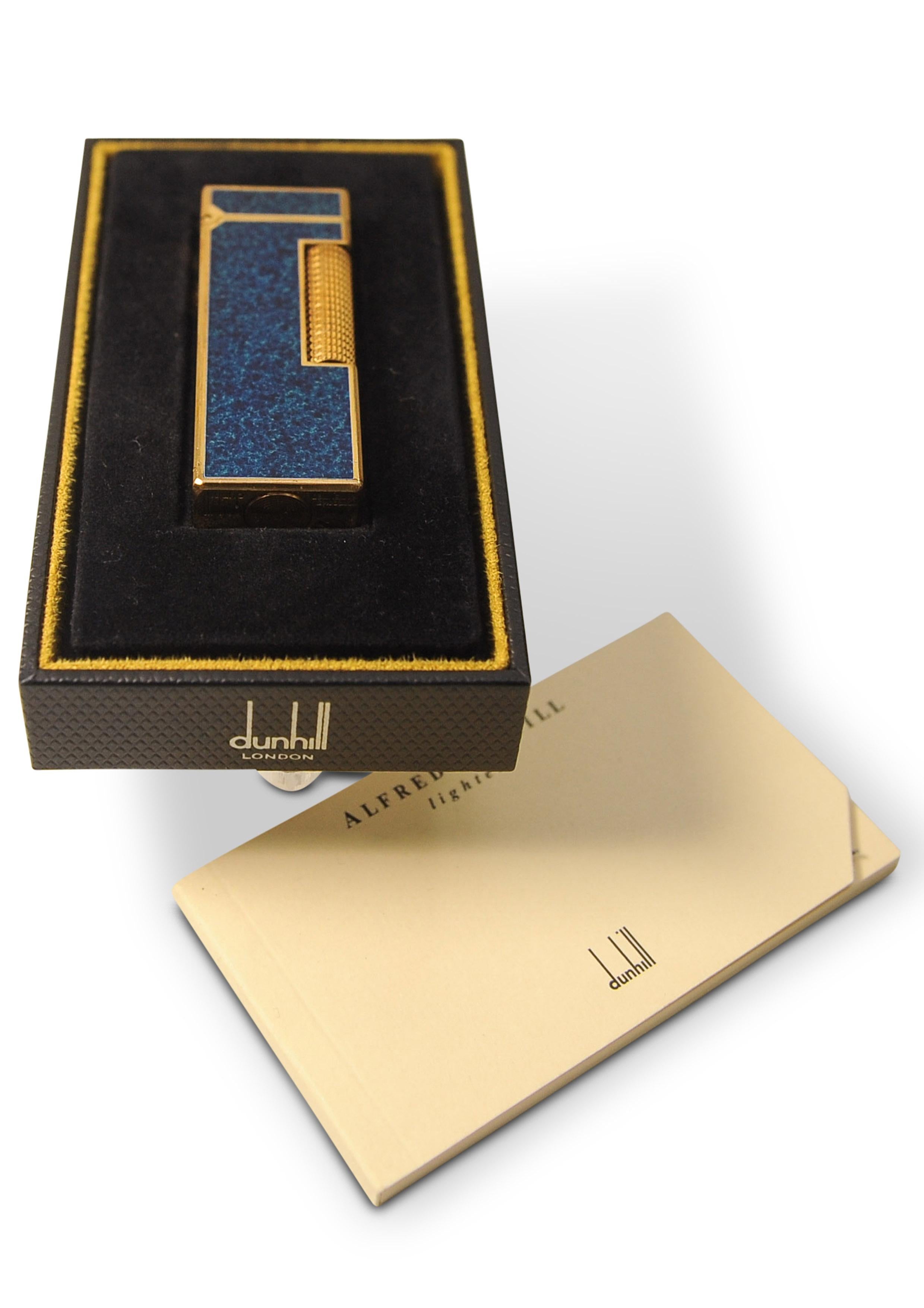 Dunhill Mechero Rollagas Lacado en Mármol Azul Chapado en Oro de 18 ct En Caja y Con Mantenimiento Art Decó en venta