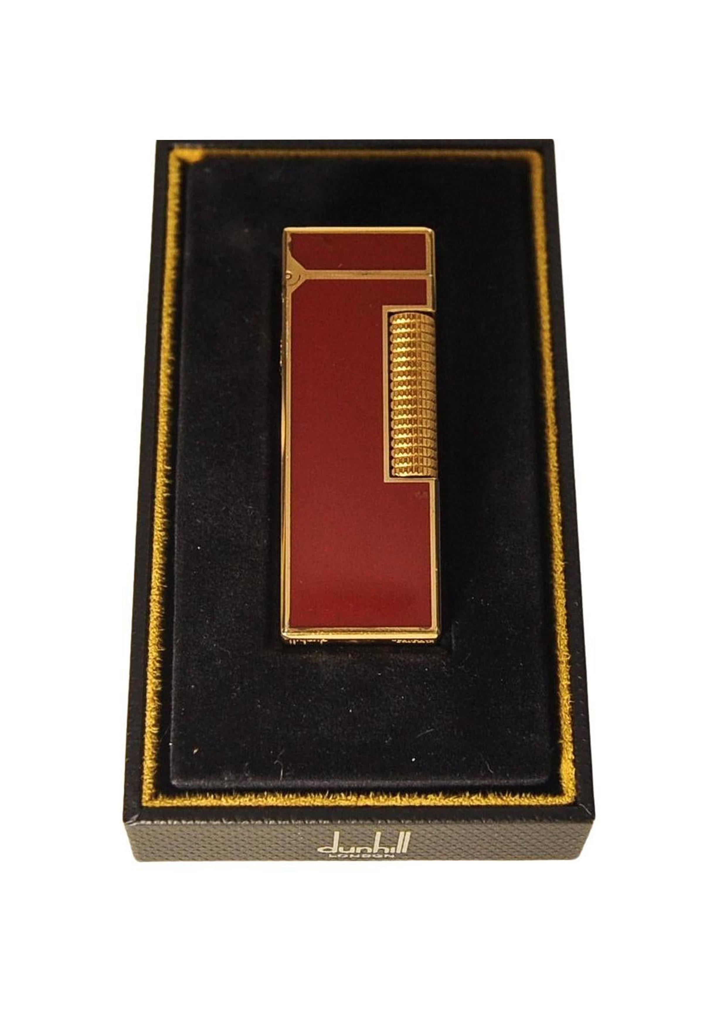 Art déco Dunhill 18ct Gold Plated Red Lacquered Rollagas Classic Lighter Boxed & Serviced en vente