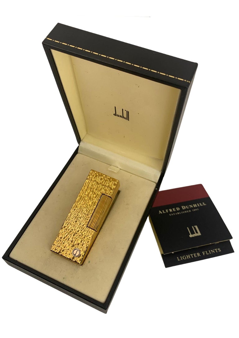 Dunhill 18ct Gold Plated Rollagas Bark Effect Pocket Cigarette Lighter And  Box