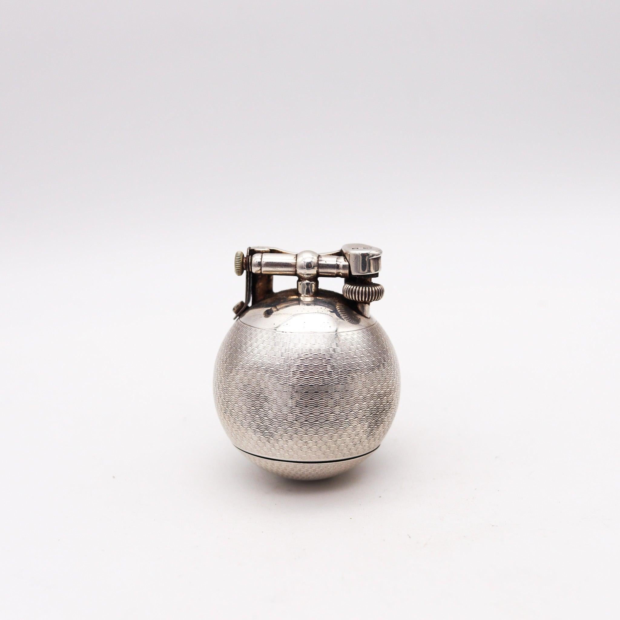 Art Deco DUNHILL 1929 Ball Petrol Desk Lighter In Solid .925 Sterling Silver Guilloche
