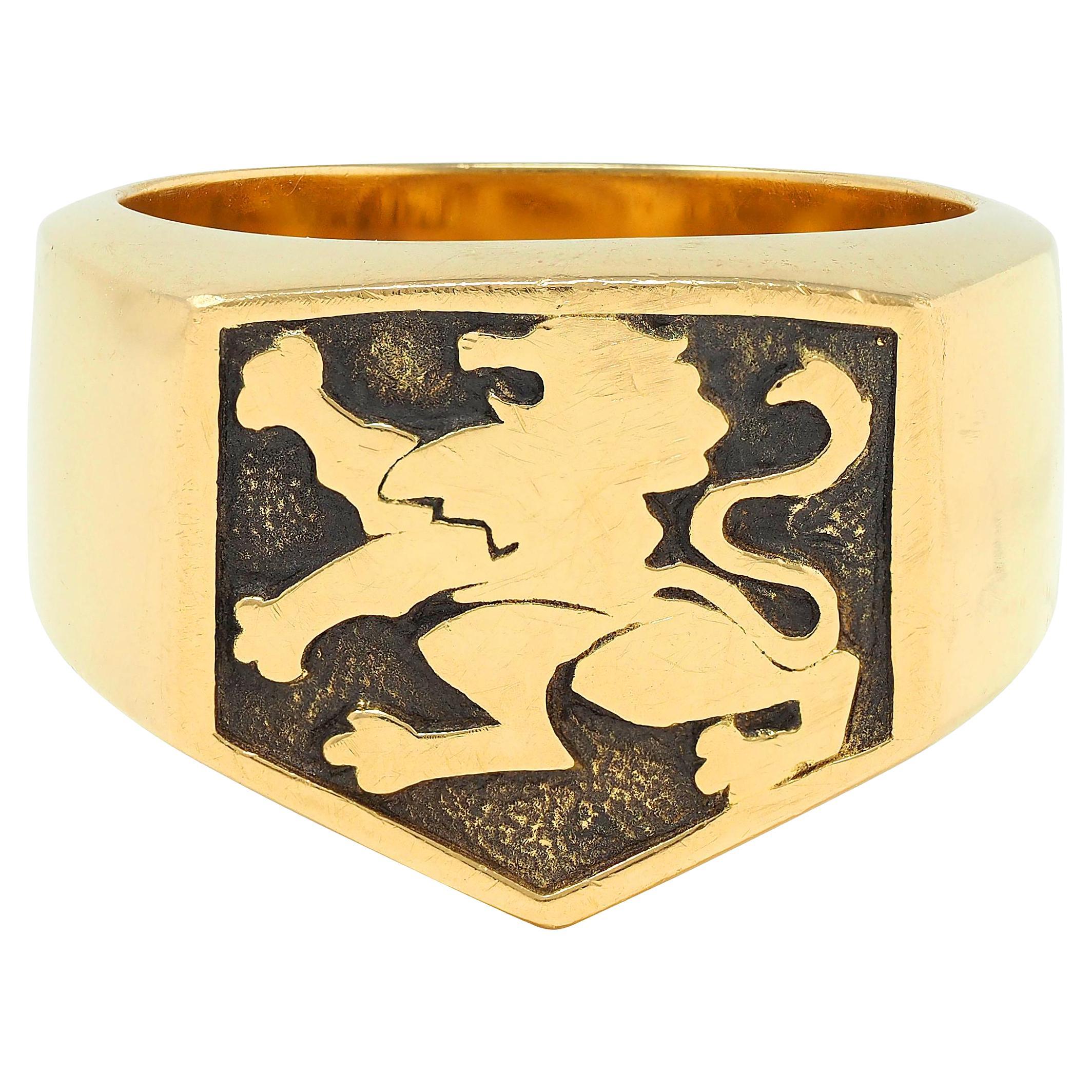 Dunhill, chevalière unisexe en or jaune 18 carats avec gravure de lion héraldique, années 2000