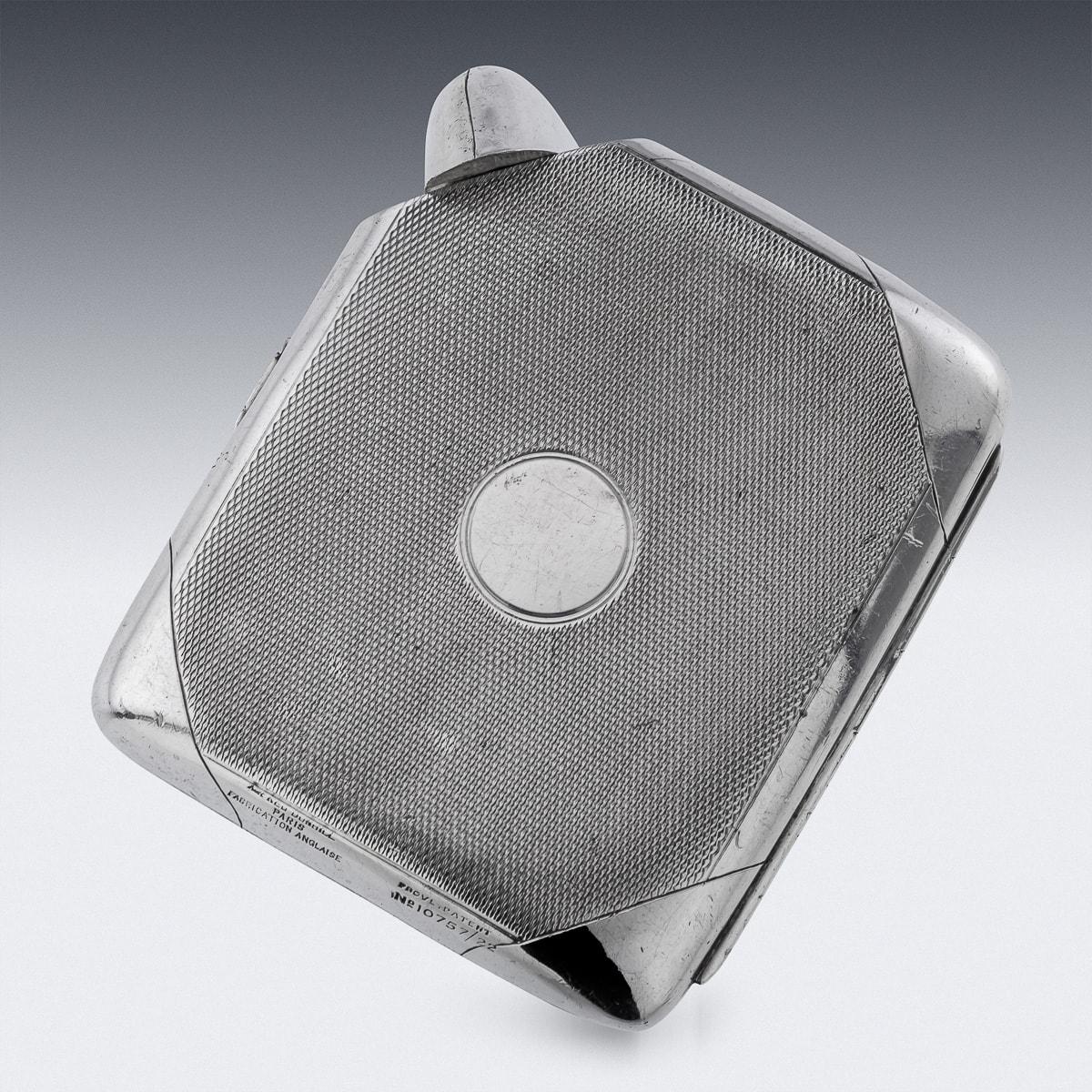 Antique early 20th Century Dunhill silver plated cigarette case shaped hip flask with a consealed twist list. This case was made in Britain (Fabrication Anglaise), patent number 10757/22, Dunhill. Crafted during the legendary era of prohibition,
