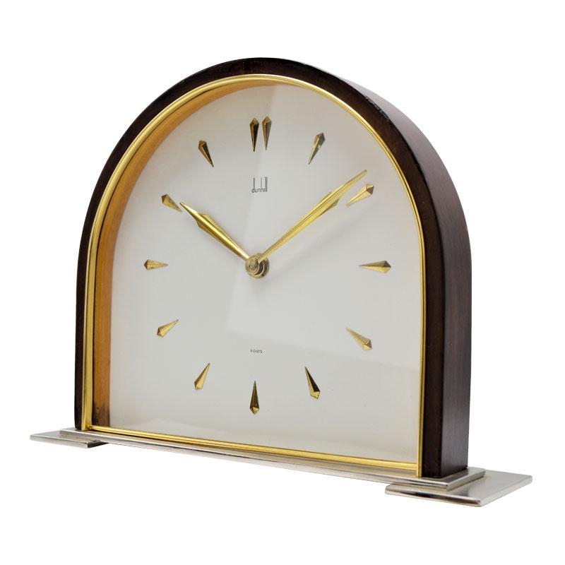 Art Deco Dunhill Brass and Wood Domed Desk Clock, circa 1940s For Sale