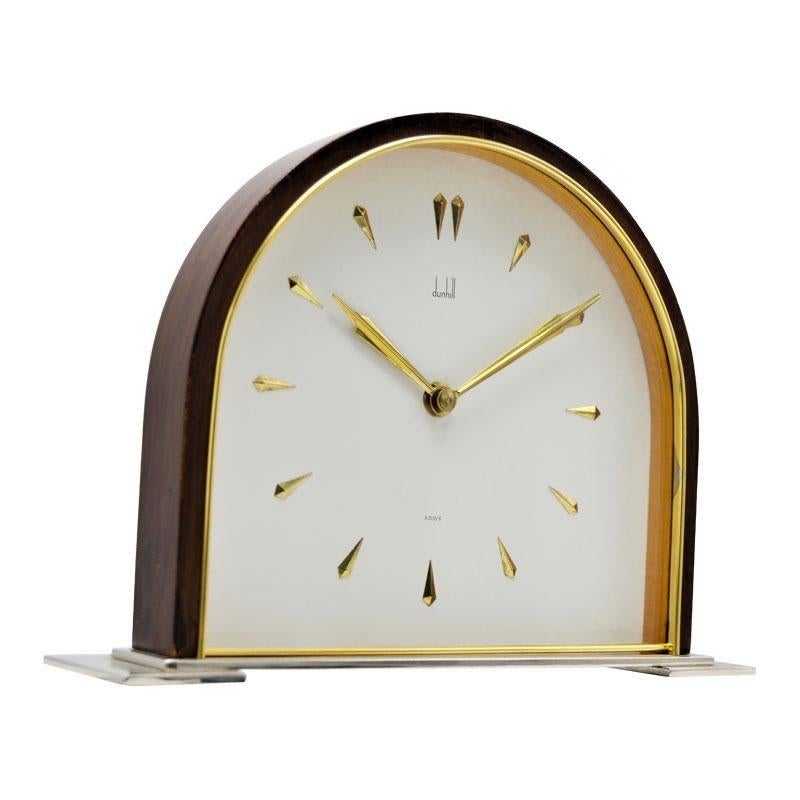 Swiss Dunhill Brass and Wood Domed Desk Clock, circa 1940s For Sale