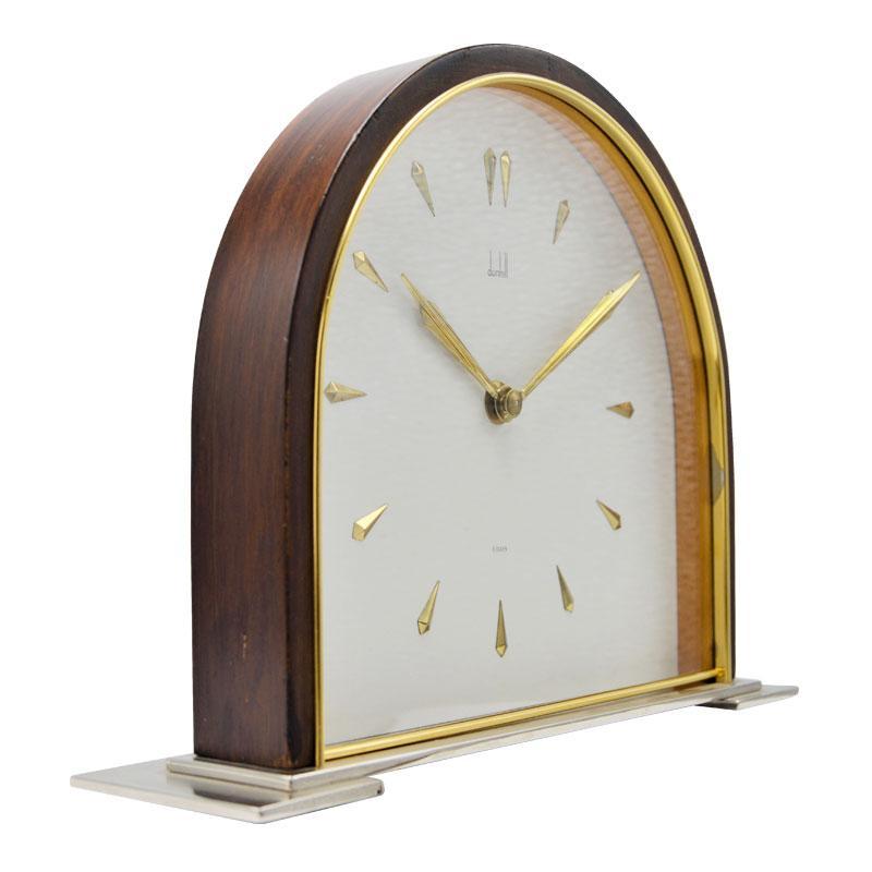 Dunhill Brass and Wood Domed Desk Clock, circa 1940s In Excellent Condition For Sale In Long Beach, CA