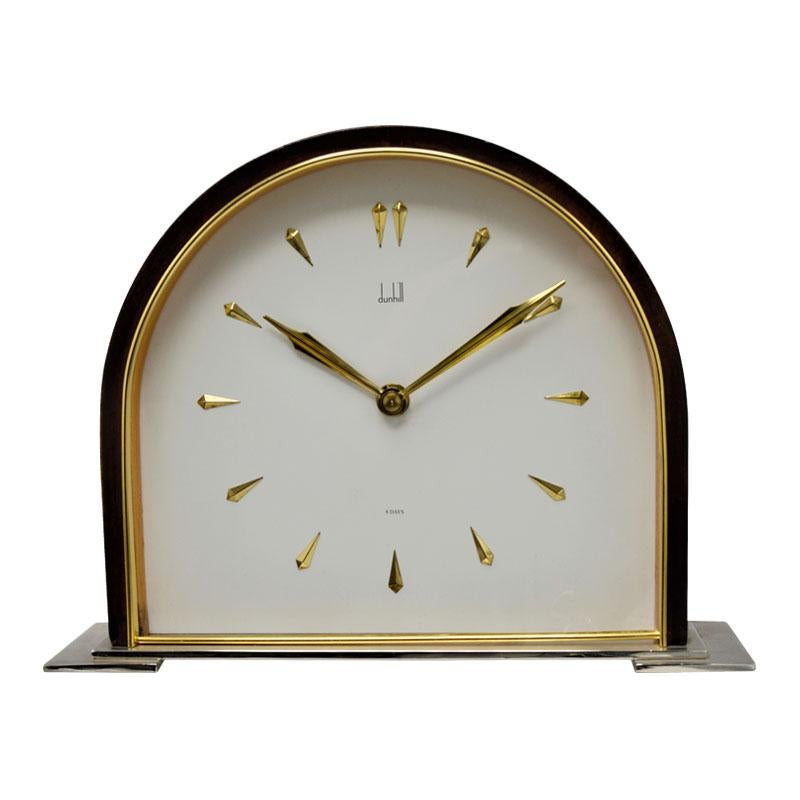 Dunhill Brass and Wood Domed Desk Clock, circa 1940s In Excellent Condition For Sale In Long Beach, CA