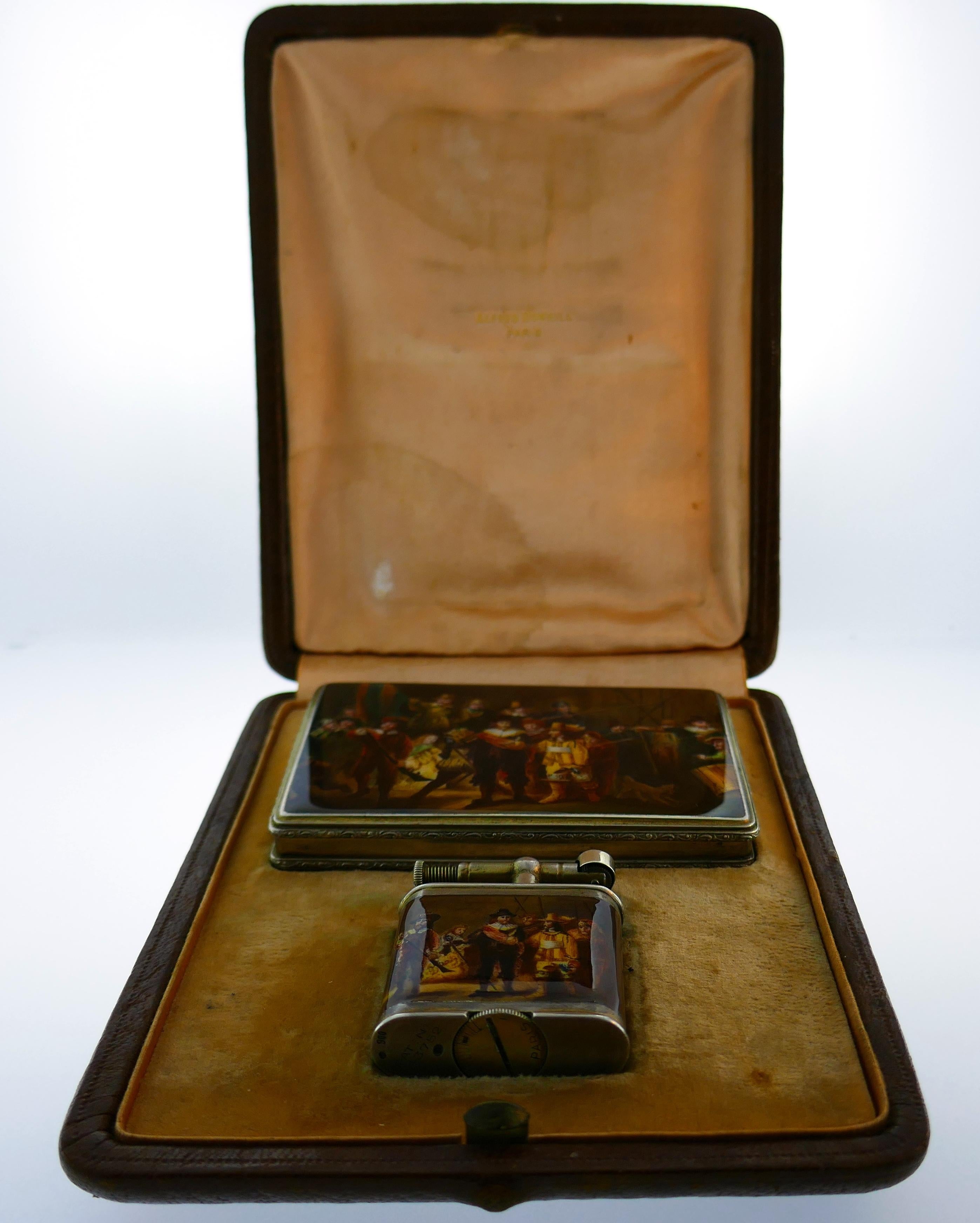 Amazing set consisting of a lighter and a cigarette case created by Alfred Dunhill. The set is made of sterling silver and decorated with multicolored enamel. It depicts a life scene of noble European society. Museum quality multilevel hand-painted