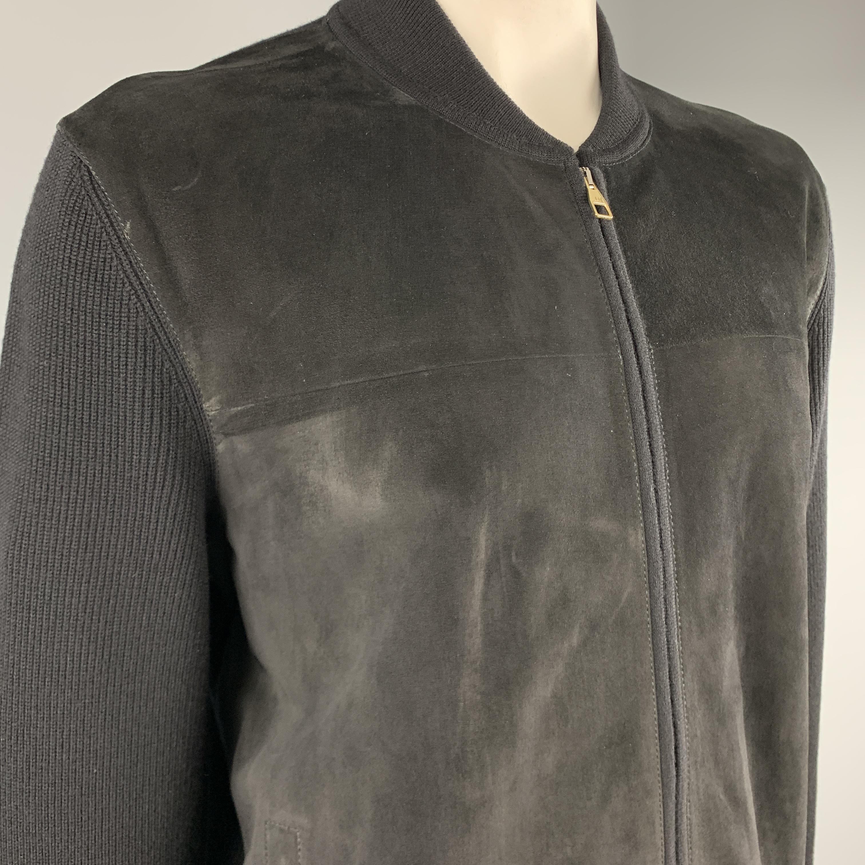 Men's DUNHILL Chest Size XL Black Suede Panel Merino Wool Zip Up Jacket