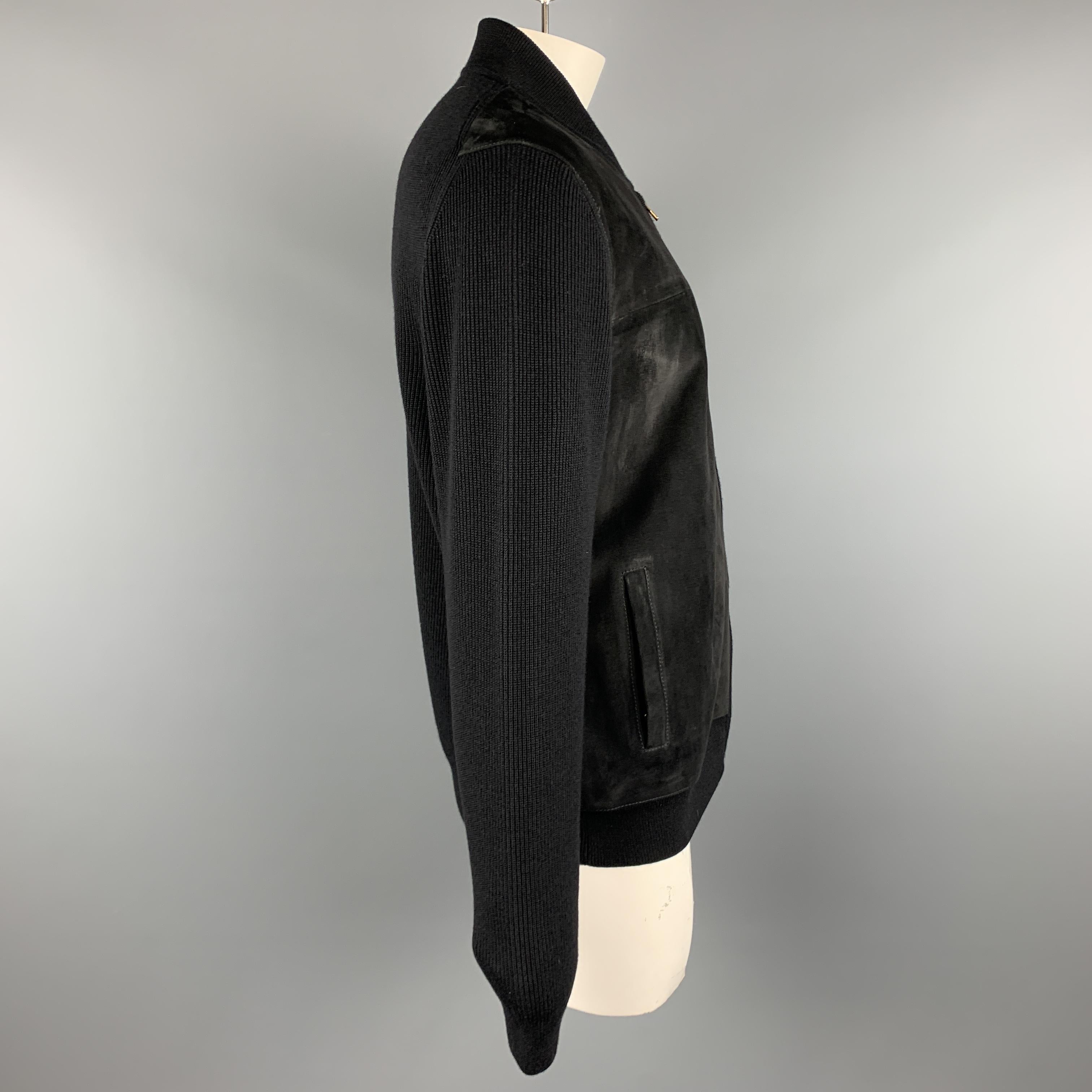 DUNHILL Chest Size XL Black Suede Panel Merino Wool Zip Up Jacket 1