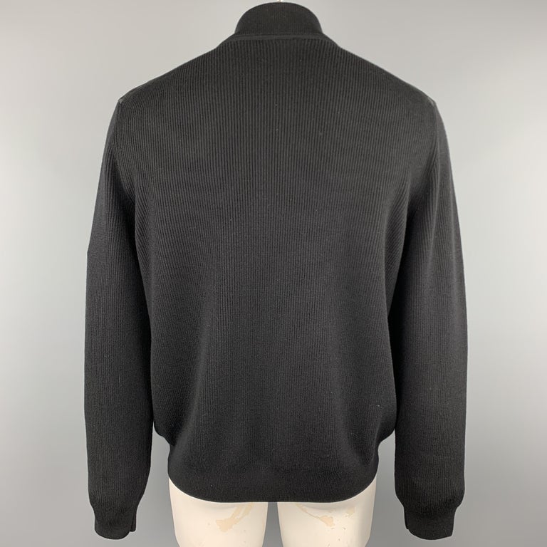 DUNHILL Chest Size XL Black Suede Panel Merino Wool Zip Up Jacket at ...